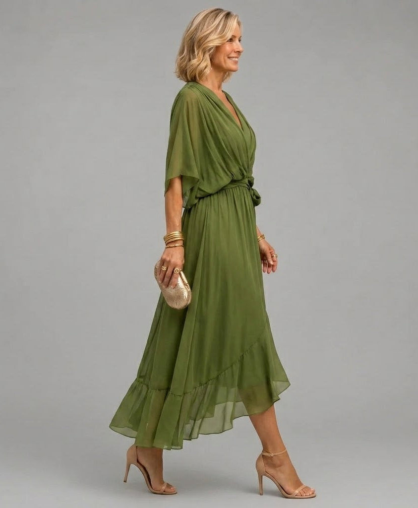 Nellie™ | Elegant Wrap V-Neck Midi Dress — Final Edit