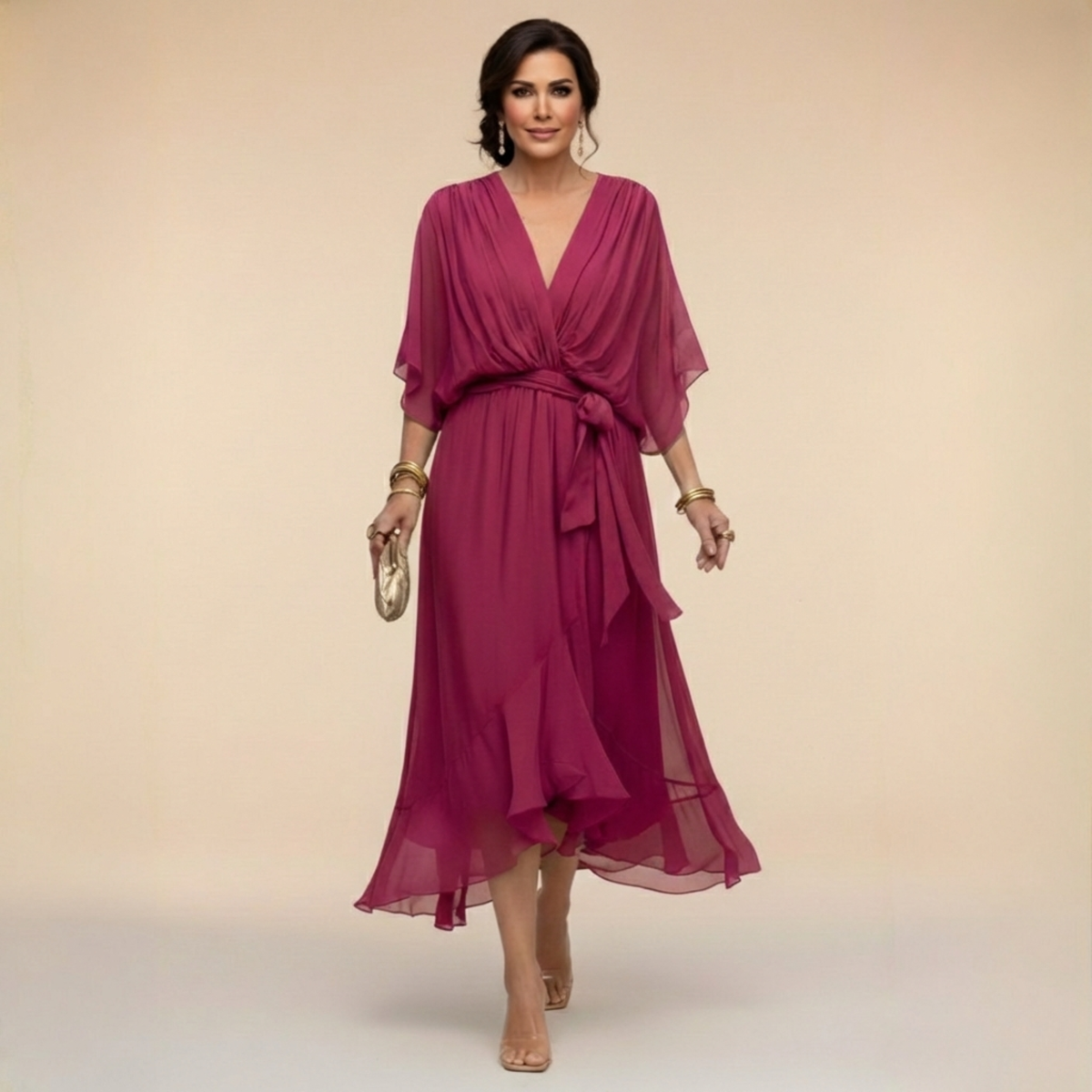 Nellie™ | Elegant Wrap V-Neck Midi Dress — Final Edit