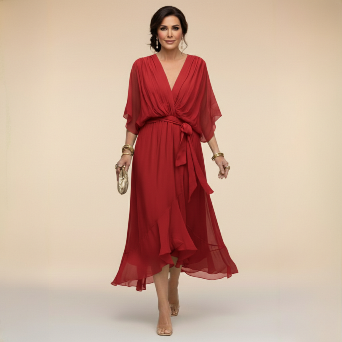 Nellie™ | Elegant Wrap V-Neck Midi Dress — Final Edit